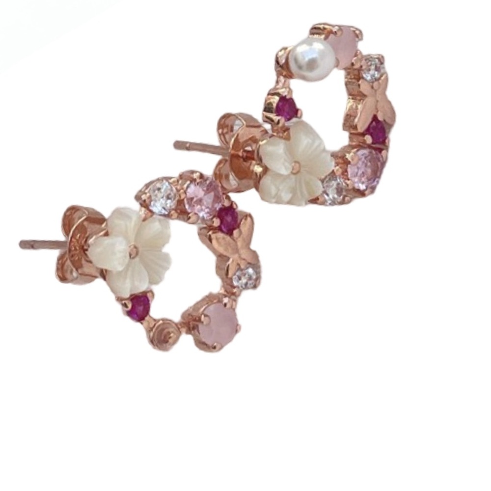 Ramla Floral Hoop Earrings Rose Gold Pink Crystal Pearl Flower NEW